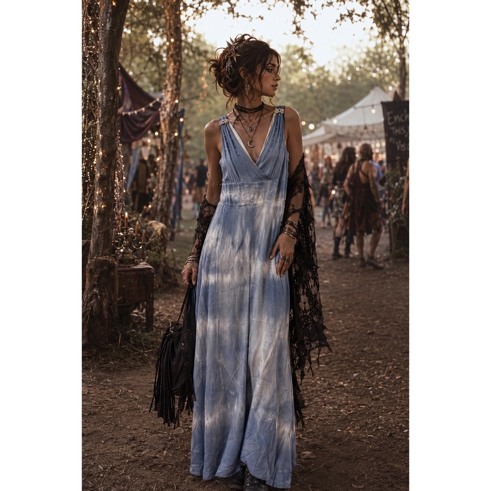 J. Crew Tie-Dye‎ Silk Maxi Dress Size 6 Beaded Neckline Boho Festival Goddess